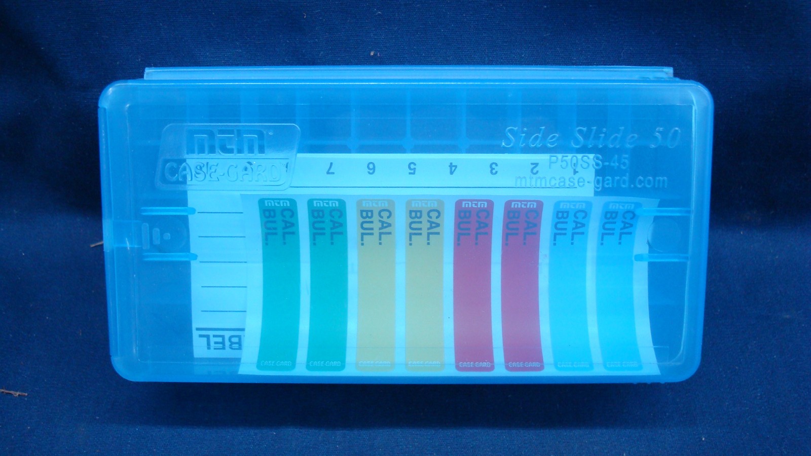 MTM P50SS-45-24 Ammo Box 50 Round Slide Top 45 ACP, 40S&W 10mm Clear Blue