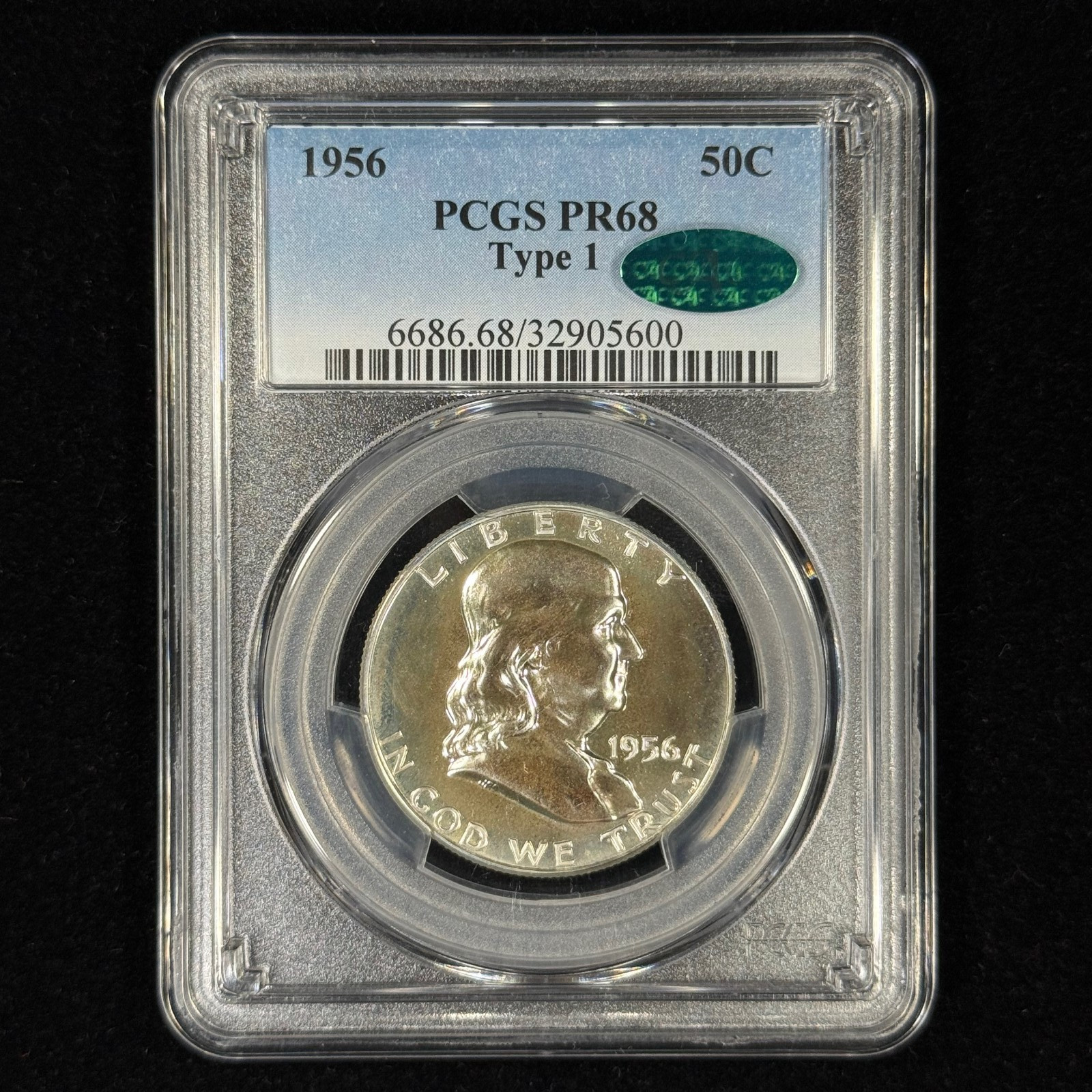 1956 50C PR68 PCGS Type 1 Proof Franklin Half Dollar - CAC Approved - Gem PQ