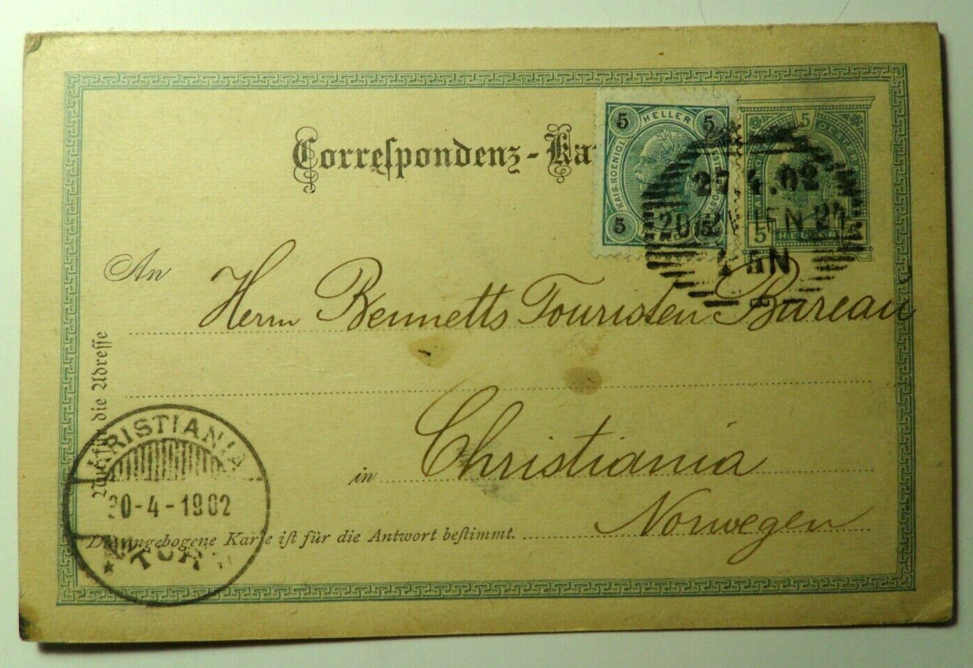 STAMPMART : AUSTRIA 1902 CORRESPONDENCE REPLY POSTCARD USED TO NORWAY KRISTIANIA
