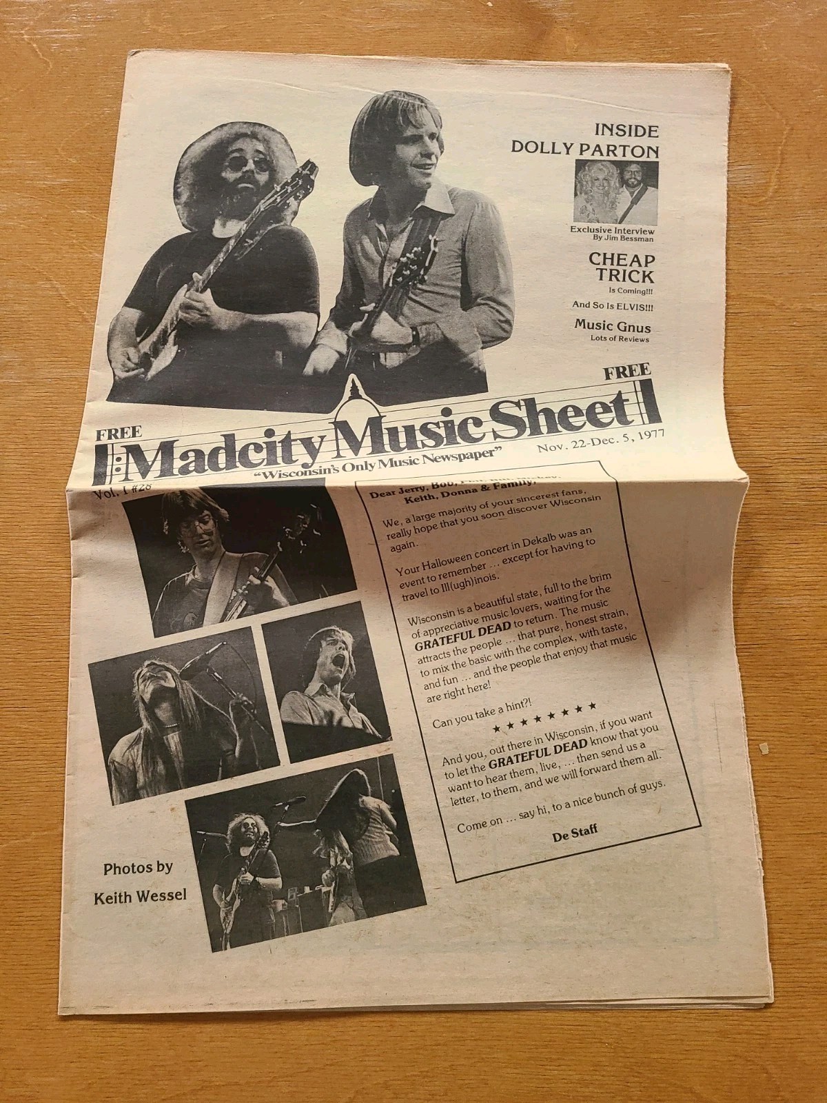 Madcity Music Sheet 11/22 - 12/5/ 1977 Grateful Dead Cheap Trick Elvis Costello