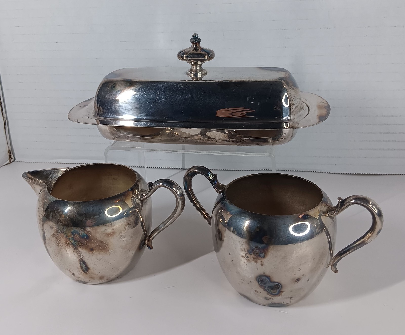 Wallace Silverplate Lot Creamer Sugar Bowl Butter Tray Dish With Glass Insert