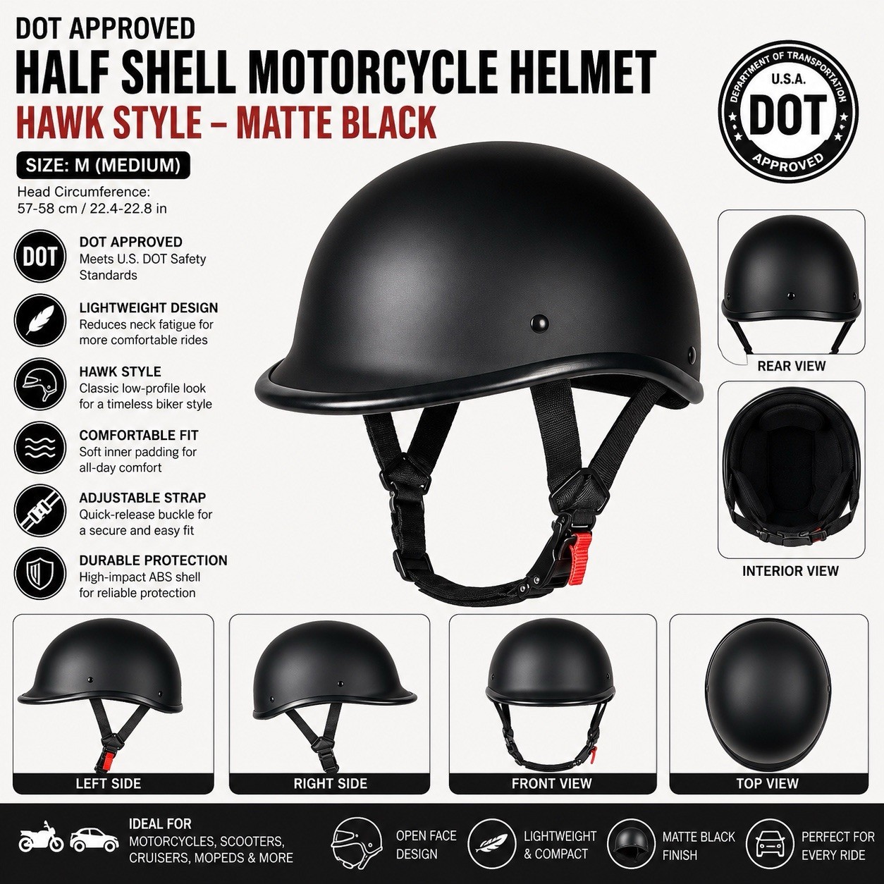 DOT Approved Half Shell Motorcycle Helmet Hawk Style MatteBlack Open Face M size