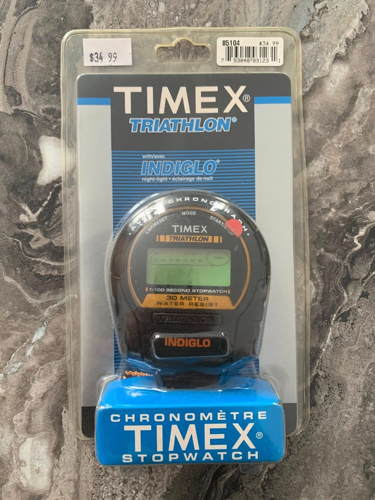 NEW Timex Triathlon Stopwatch Water Resistant Alarm Chronograph Indiglo  1/100