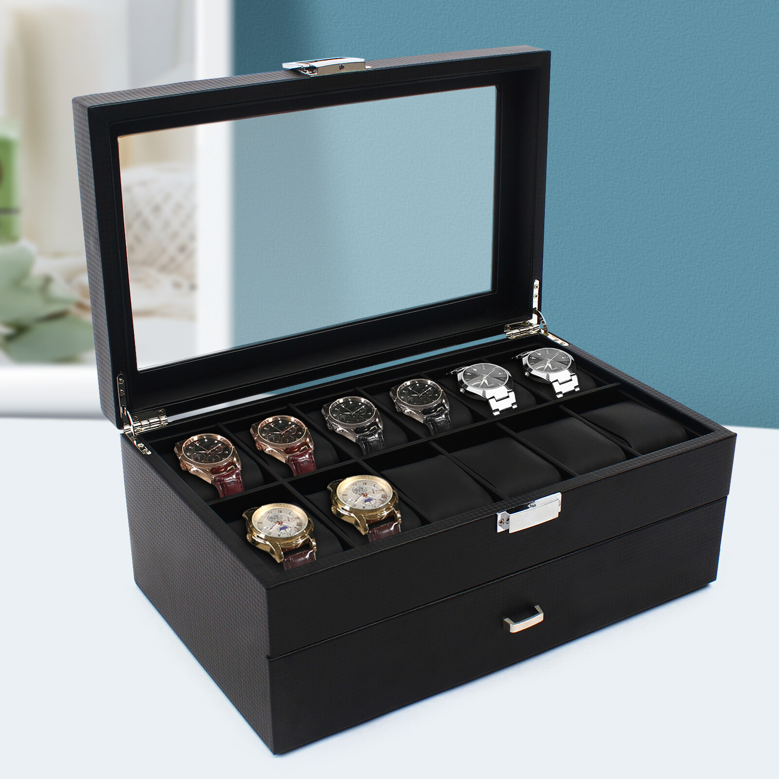 24 Slots Men Watch Storage Box Large Jewelry Display Case Organizer Holder Black