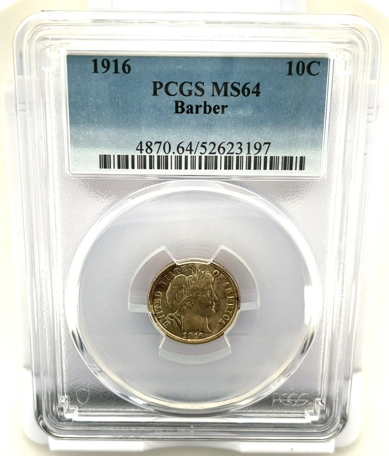 1916 Barber Dime 10C Graded by PCGS as MS64