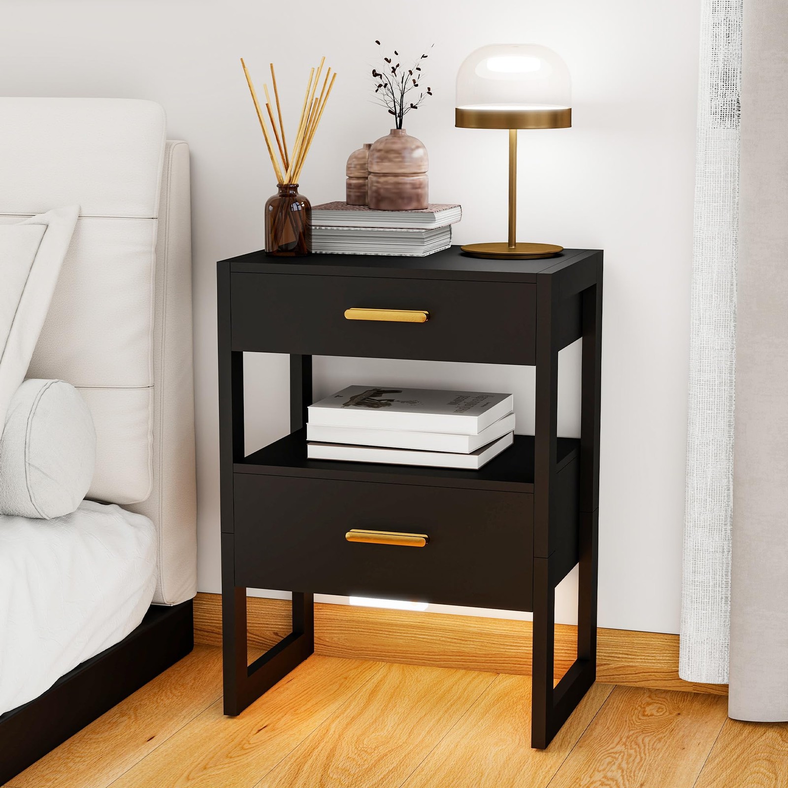 Wooden Nightstand Night Stand with Motion Sensor Light & Storage Drawer, Mode...