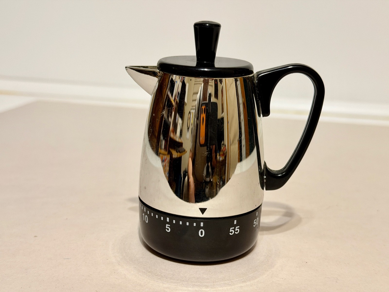 Coffee Pot Shaped Manual Kitchen Timer Chrome and Black 60 Minute Collectible