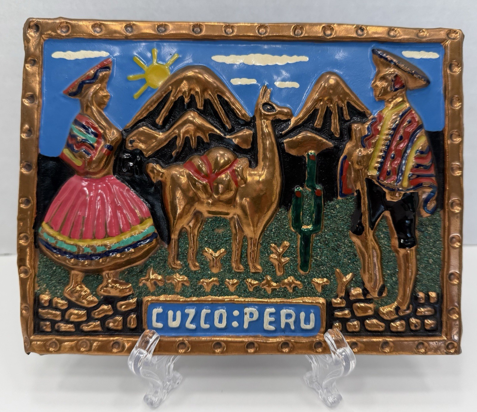 VTG Metal Copper Souvenir Wall Plaque Hand Painted Cuzco Peru 3D Art Man Woman