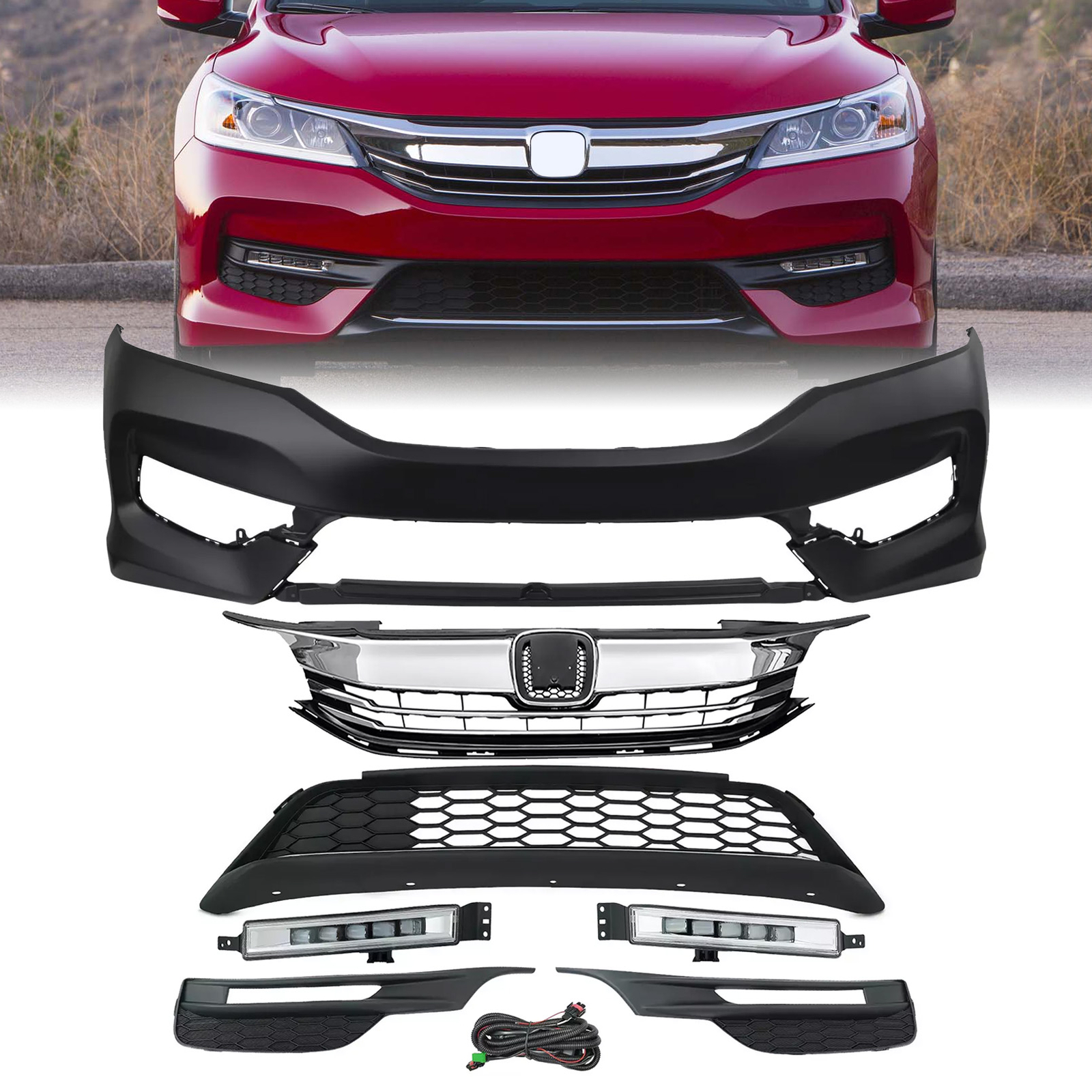 For 2016-2017 Honda Accord Front Bumper Upper Lower Grill & LED Fog Lights Set