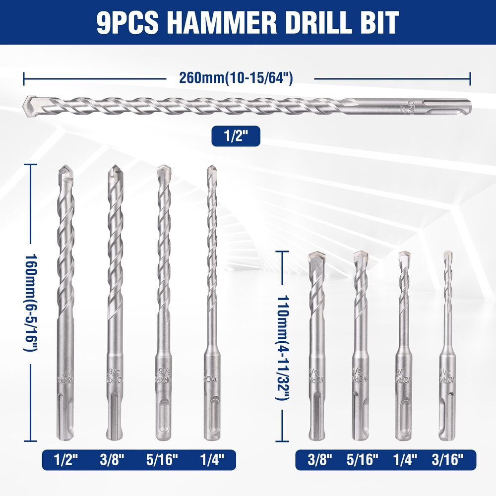 WORKPRO 16PC SDS-Plus Rotary Hammer Drill Bits Chisel Set Carbide-Tipped Masonry