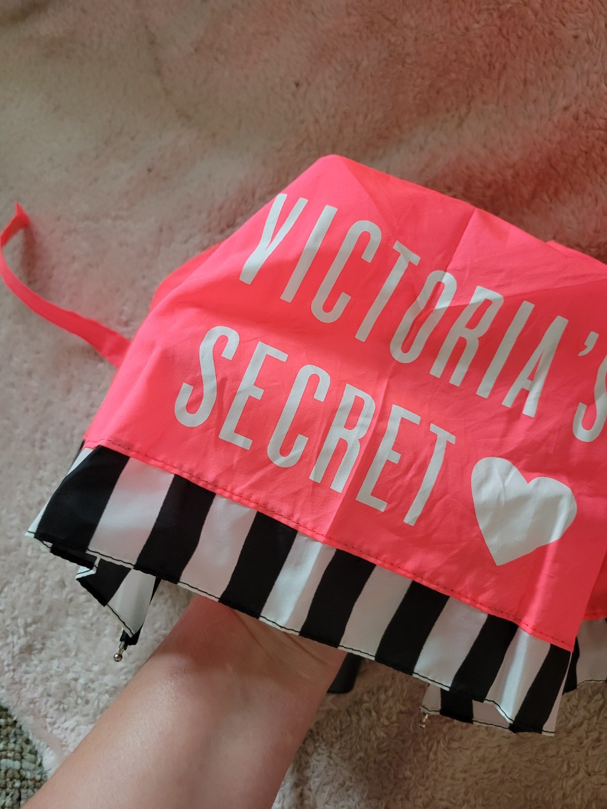 Victoria's Secret Compact Folding Striped Umbrella Pink Black White Women's