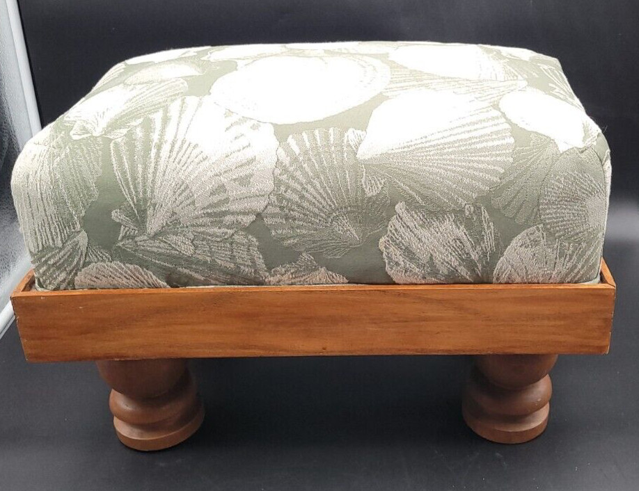 Vtg. Upholstered Foot Stool Ottoman Shells Nautical Theme Fabric 18 1/2" x 12"