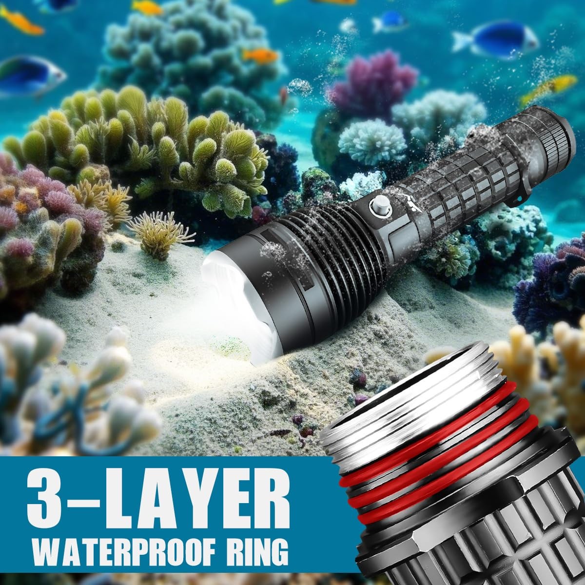 3000LM Waterproof Diving Flashlight IPX8 LED Scuba Light Rechargeable