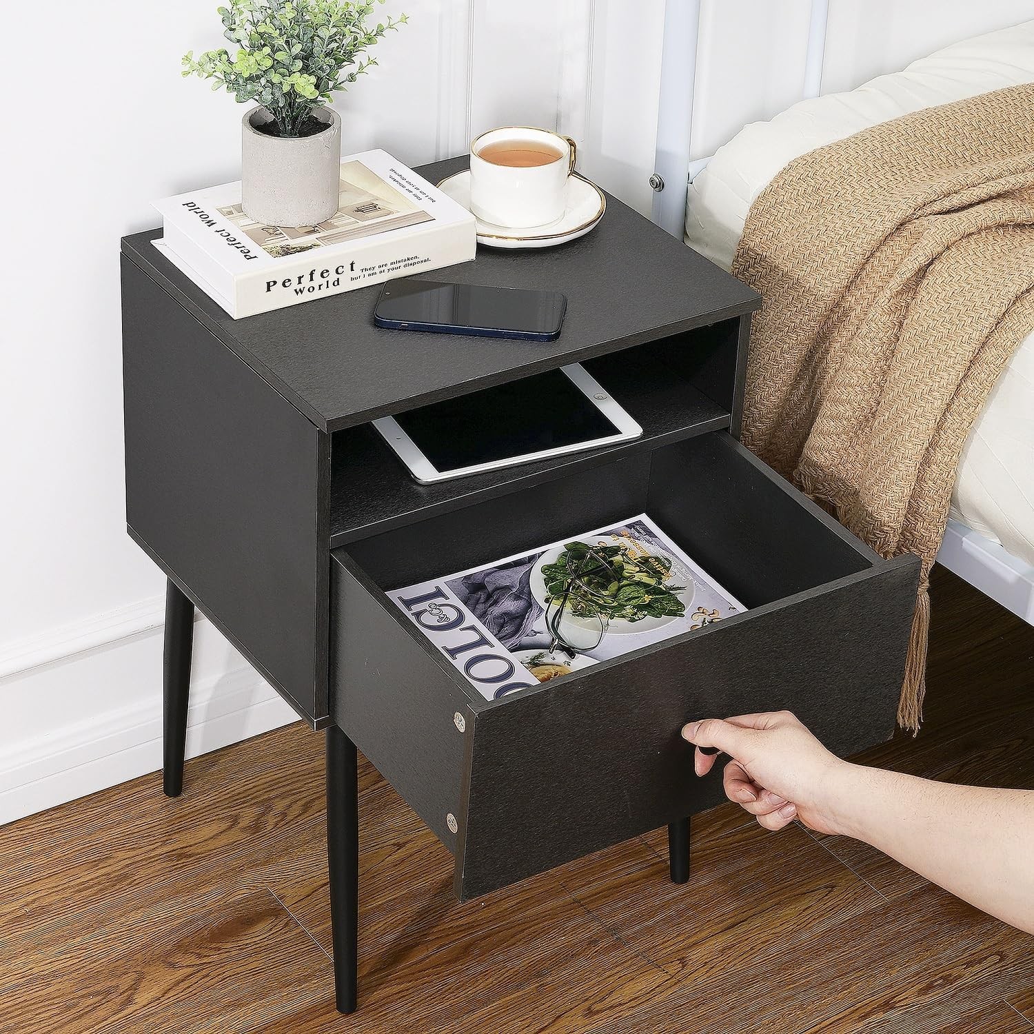 Modern Wood Night Stand,Square End Table Side Table W/ Drawer & Storage Space
