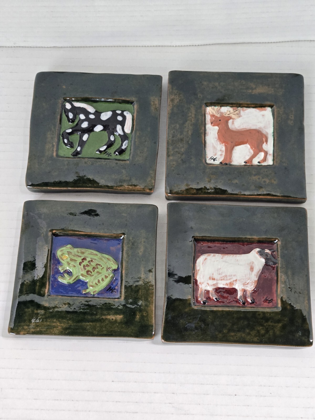4 Vintage Moravian Henry Mercer Tiles Animals Green Horse Frog Sheep Deer