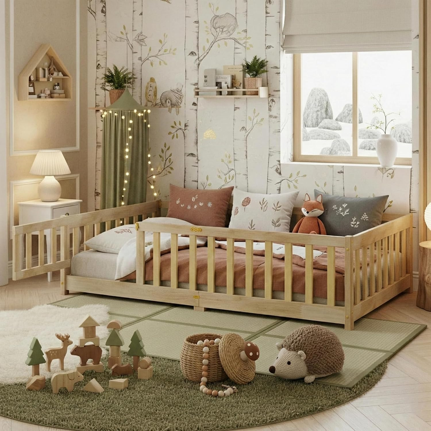 Twin Size Montessori Floor Bed with Slats and Door, Solid Wood Floor Bed Frame w