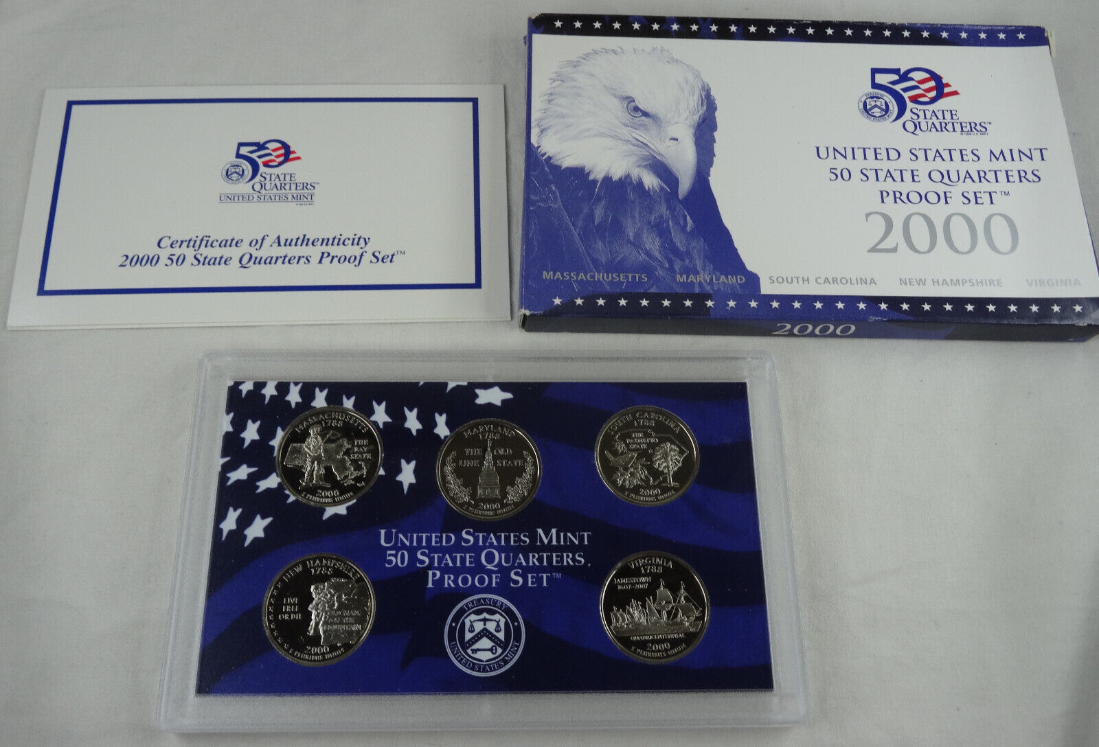 2000-S US Mint Statehood Quarters Proof Set 5 Coins Box & COA OGP Cameo