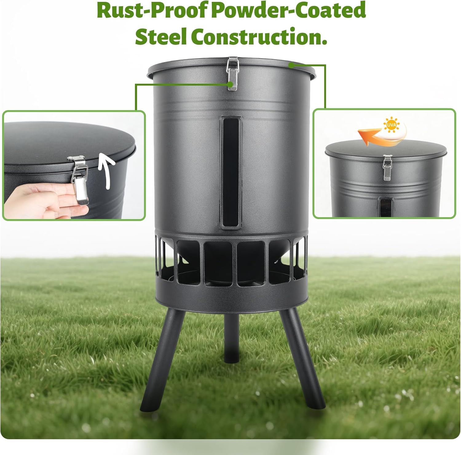 50LB Metal Chicken Feeder - No Waste, No Clog Design with 16 Ports & Smooth Grav