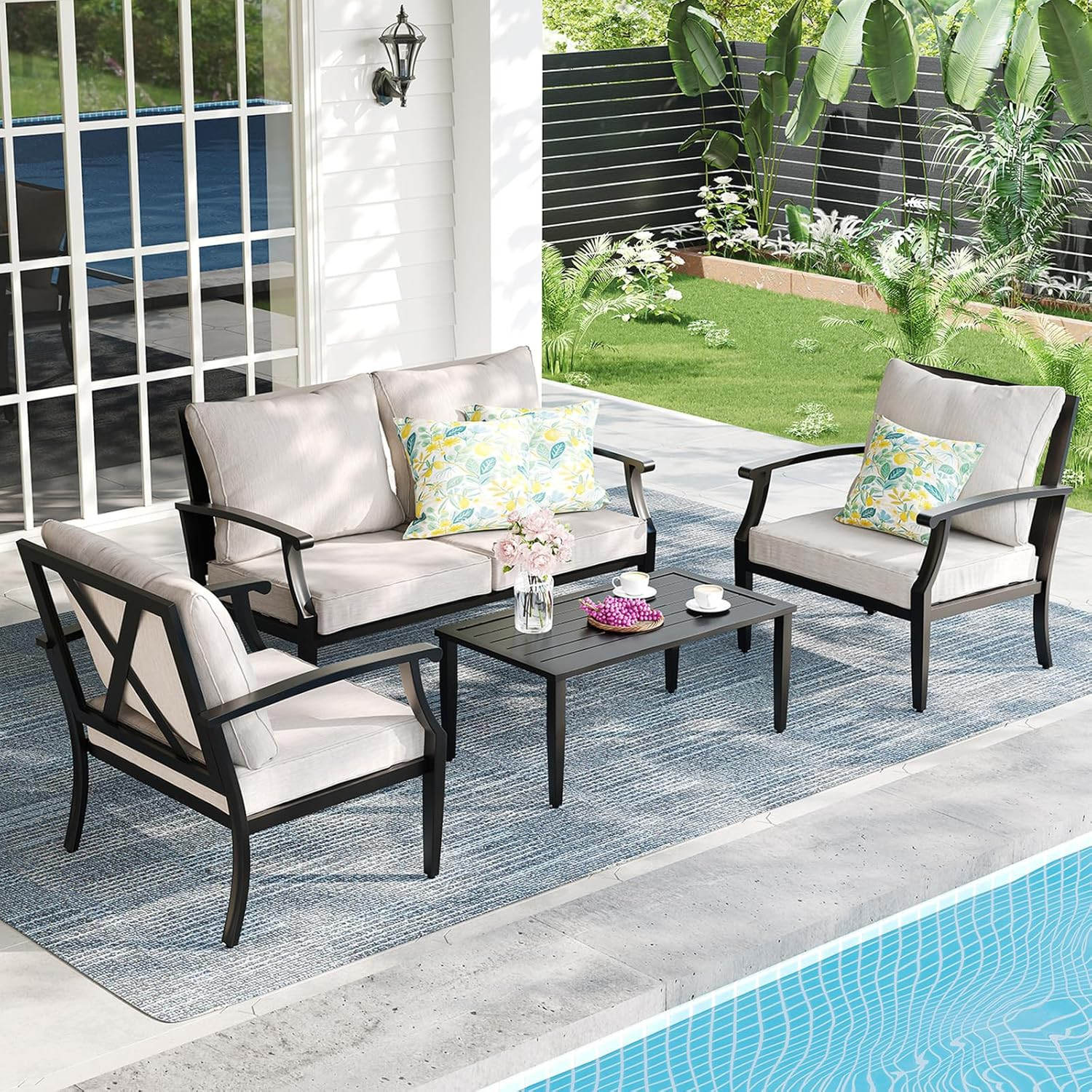4-Piece Patio Furniture Set, Wider Outdoor Metal Seating Sofa with High Back & L