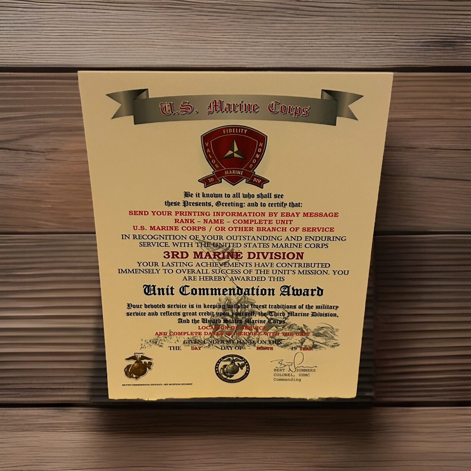 U.S.M.C. / 3RD MARINE DIVISION ~ UNIT COMMENDATION AWARD / CERTIFICATE