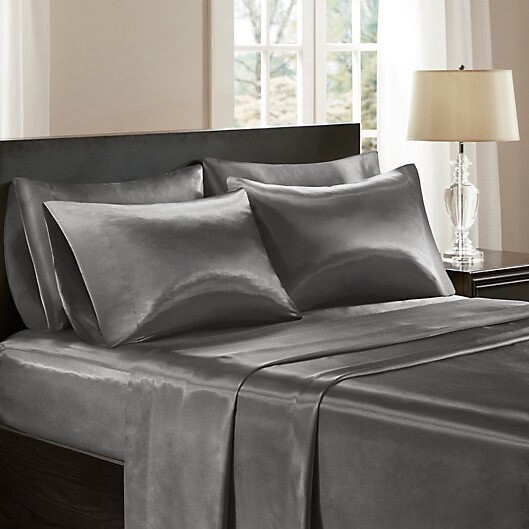 NEW Madison Park Essentials King Satin Sheet Set Charcoal Gray 4 PC