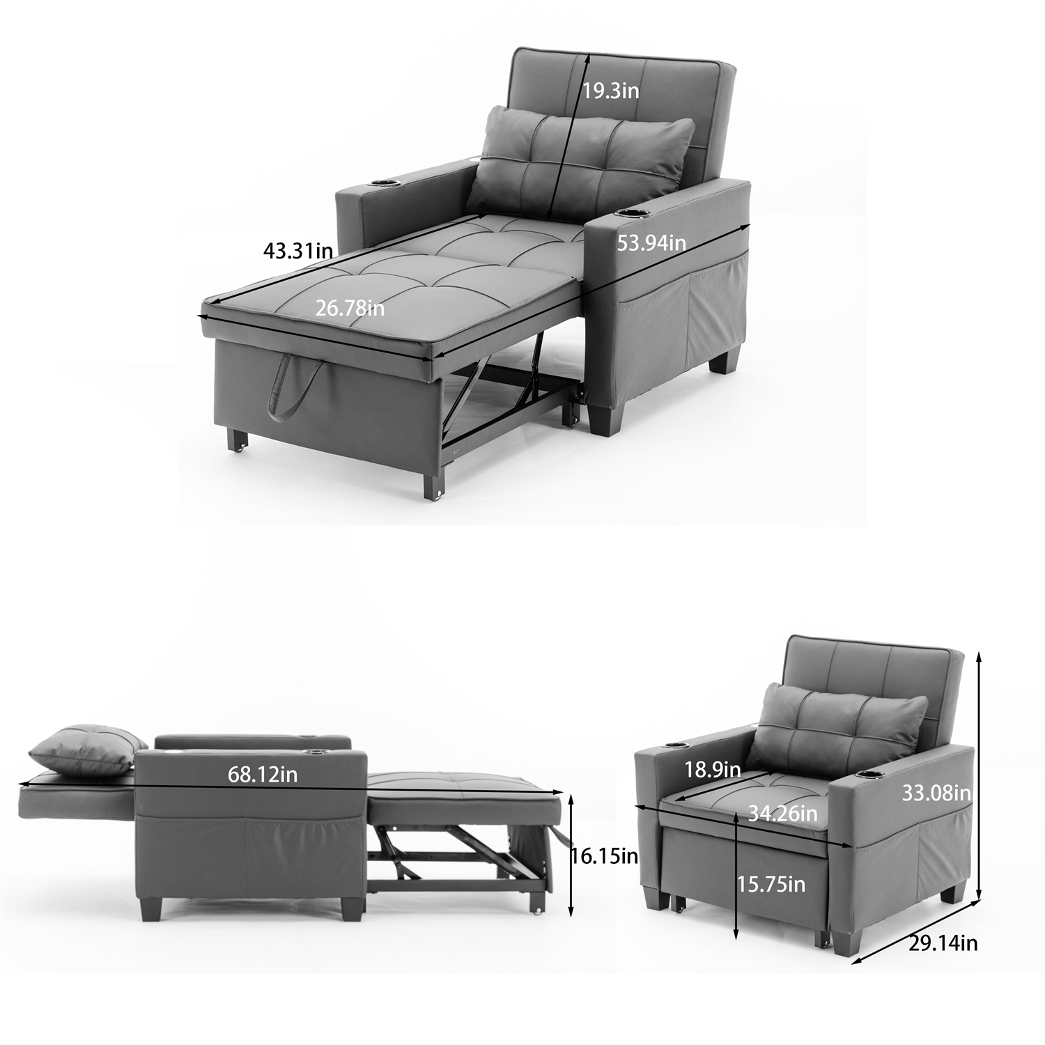 Convertible Sleeper Sofa Bed 3-in-1 Multi-Function Folding Sofa Bed w/ USB Ports