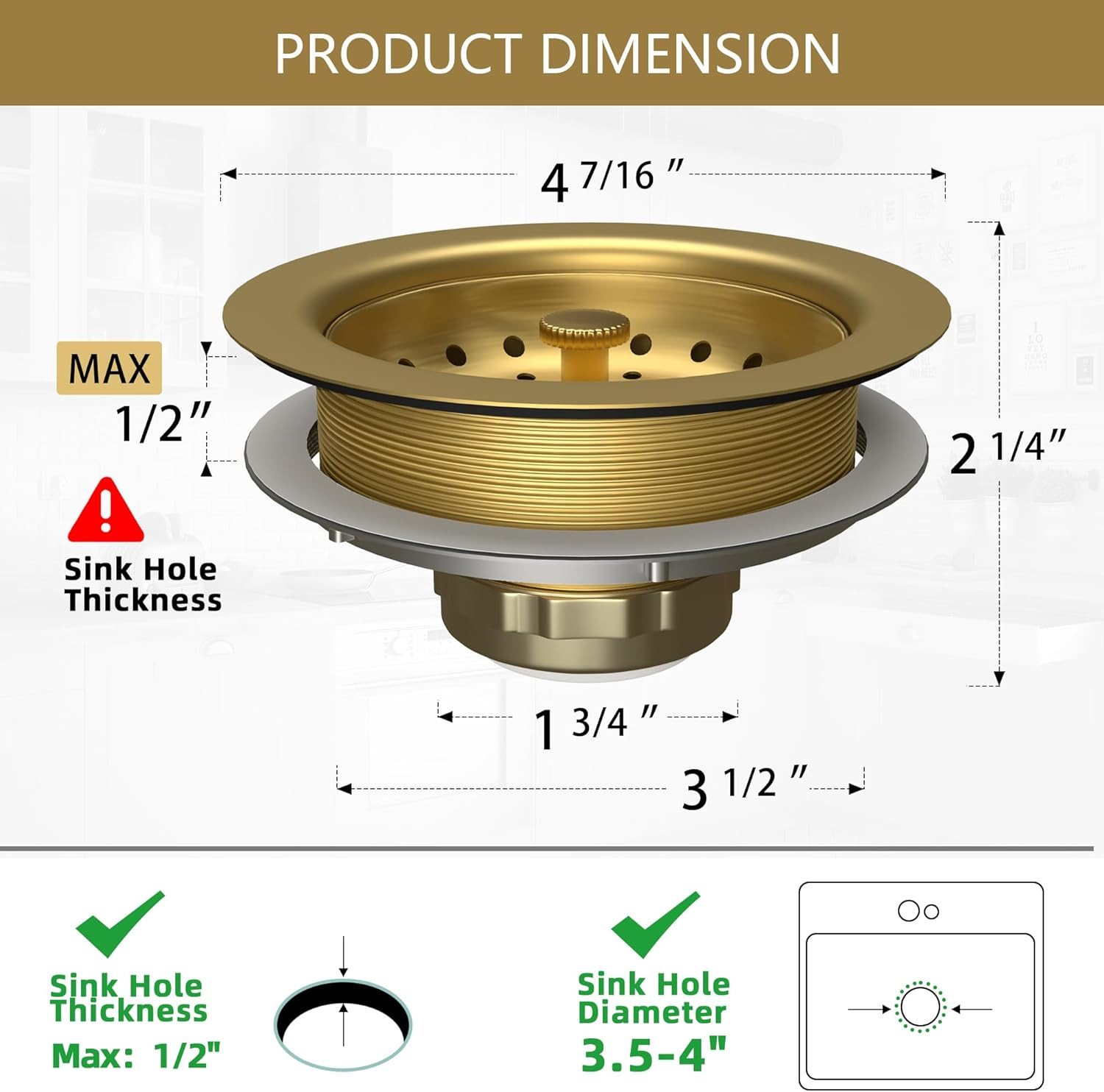 Kitchen Sink Drain Gold Sink Drain Strainer with Fixed Post 3-1/2 Inch Kitchen D