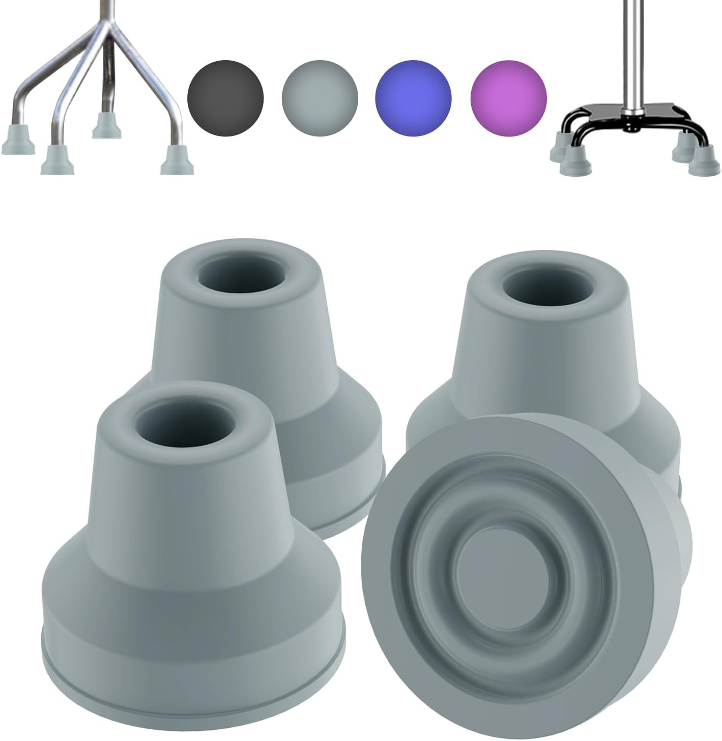 Quad Cane Tips (4-Pack) - Heavy Duty Rubber Cane Tip - Non-Slip Extreme Grip Rep