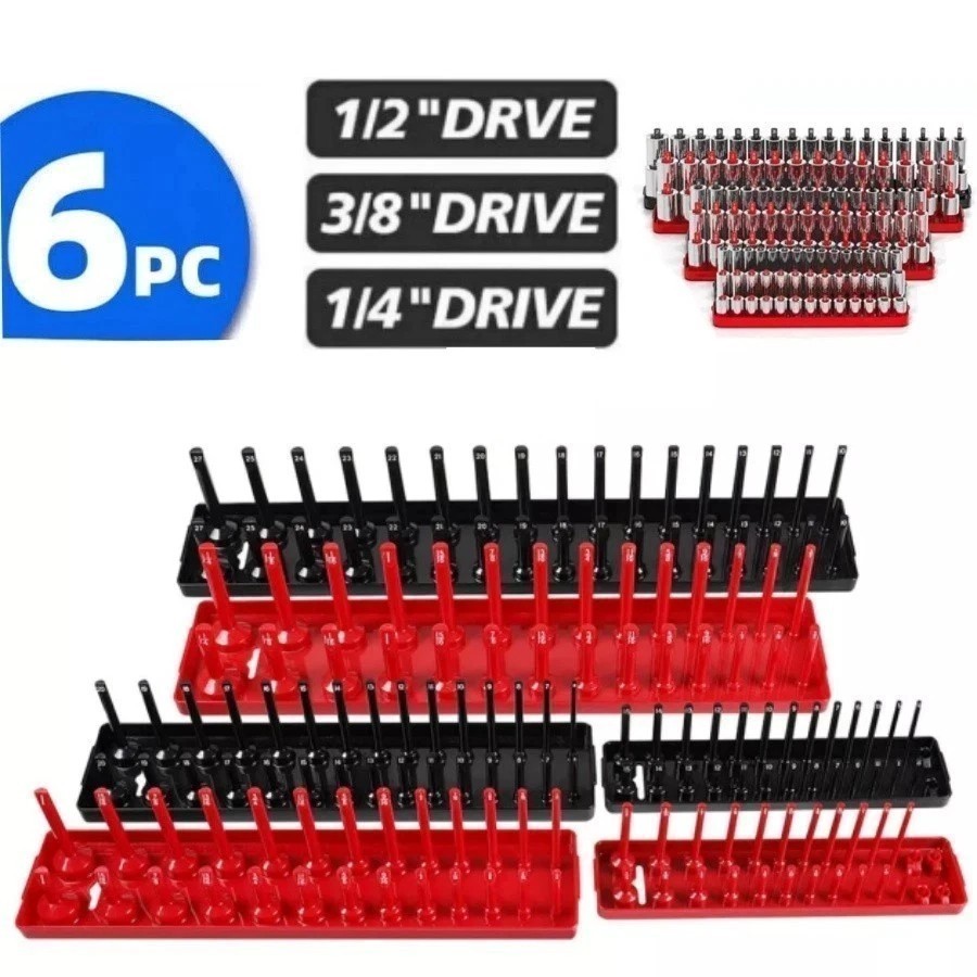 6pcs ABS Socket Organizer Holder Storage Tray Rack SAE Metric 1/4" 3/8" 1/2" Set