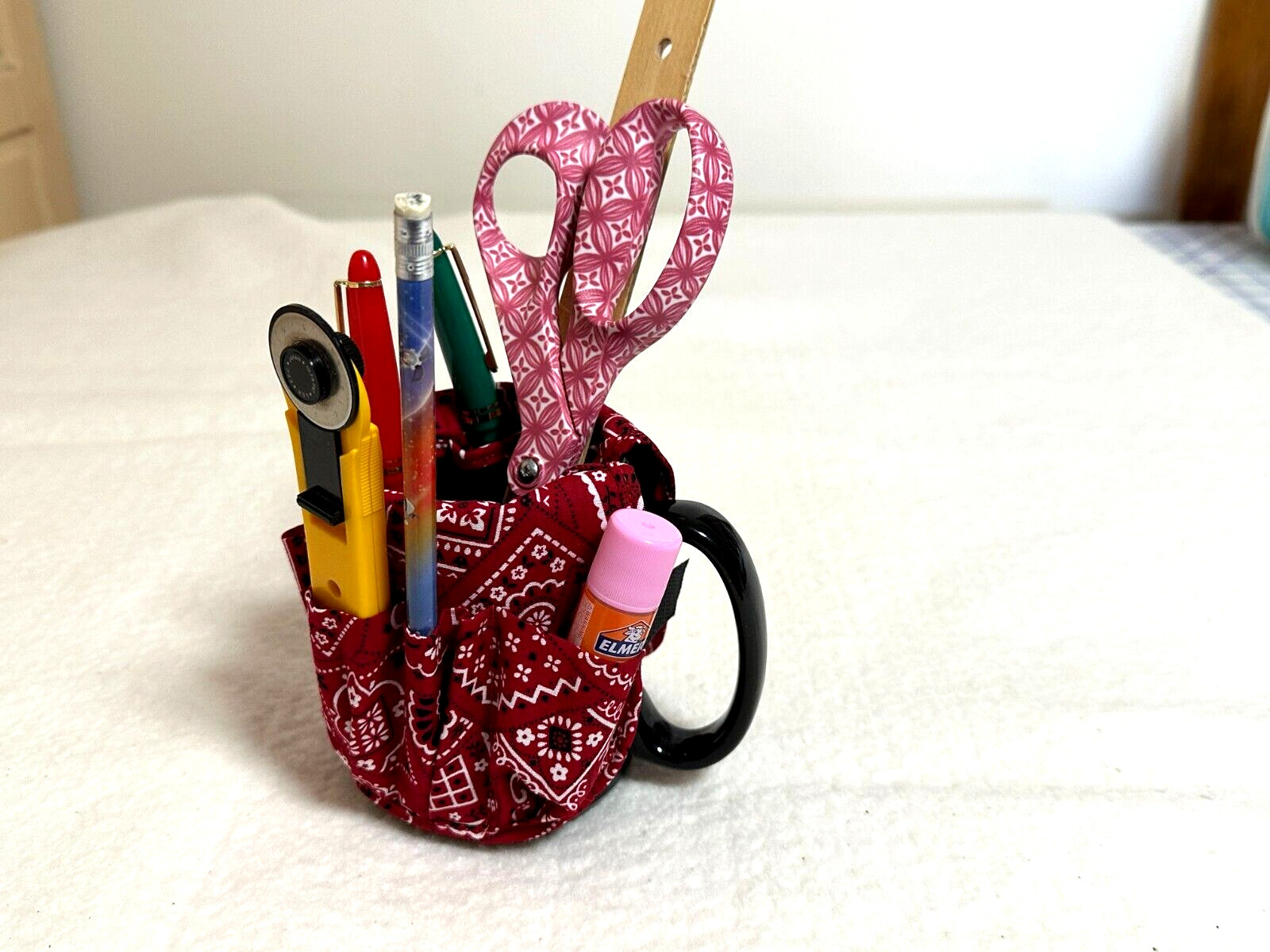 Handmade  Red Bandana coffee mug organizer cotton fabric