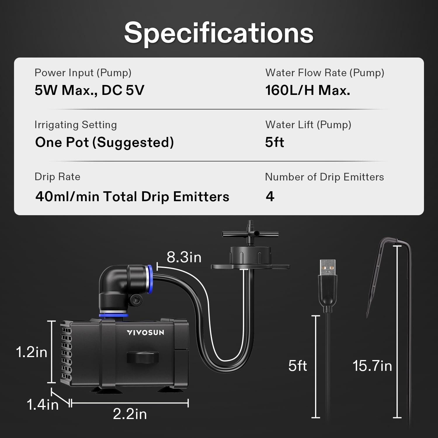 VIVOSUN FlexFeed Drip Irrigation Kit,Irrigation System w/ Pump & 4 Drip Emitters