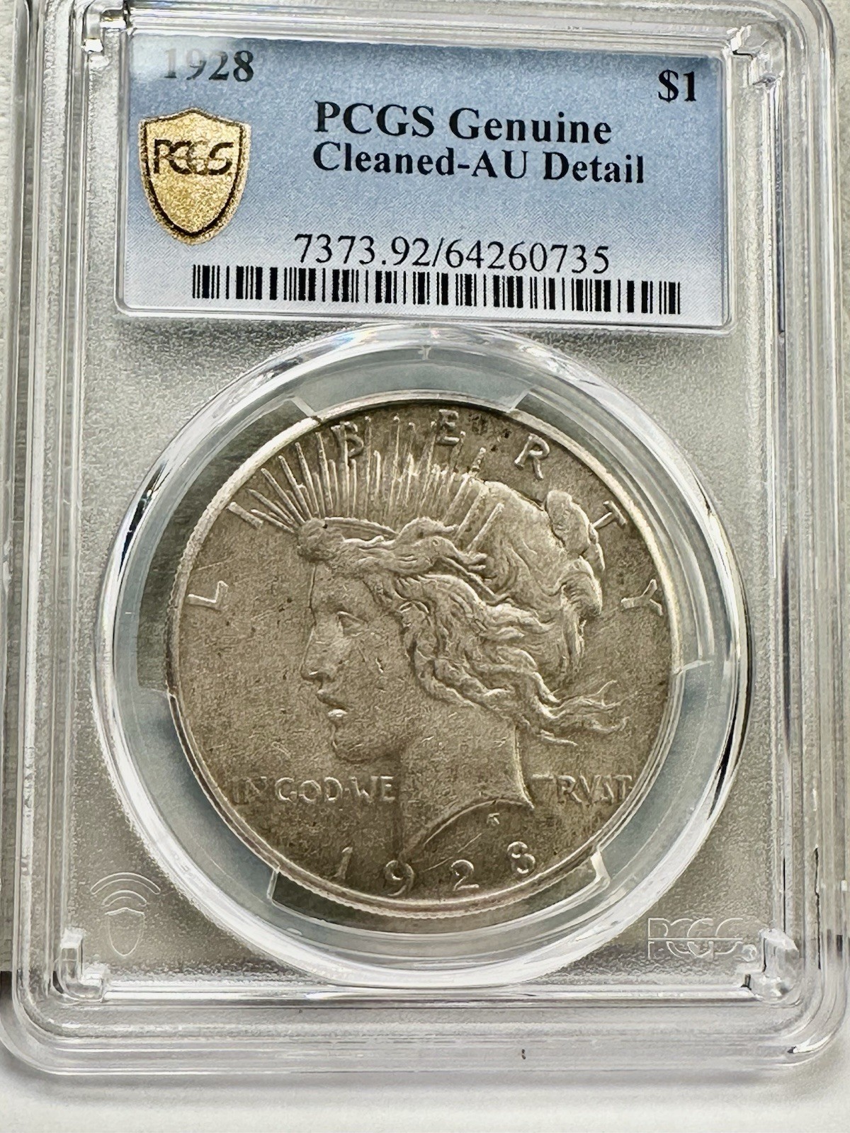 1928 P SILVER PEACE DOLLAR PCGS GOLD LABEL AU DETAILS ONLY 330K MINTED Cleaned