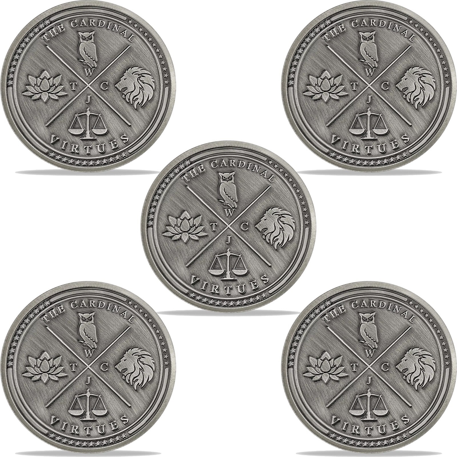 5pc The Four Virtues Stoic Challenge Coin | Wisdom, Courage, Justice, Temperance