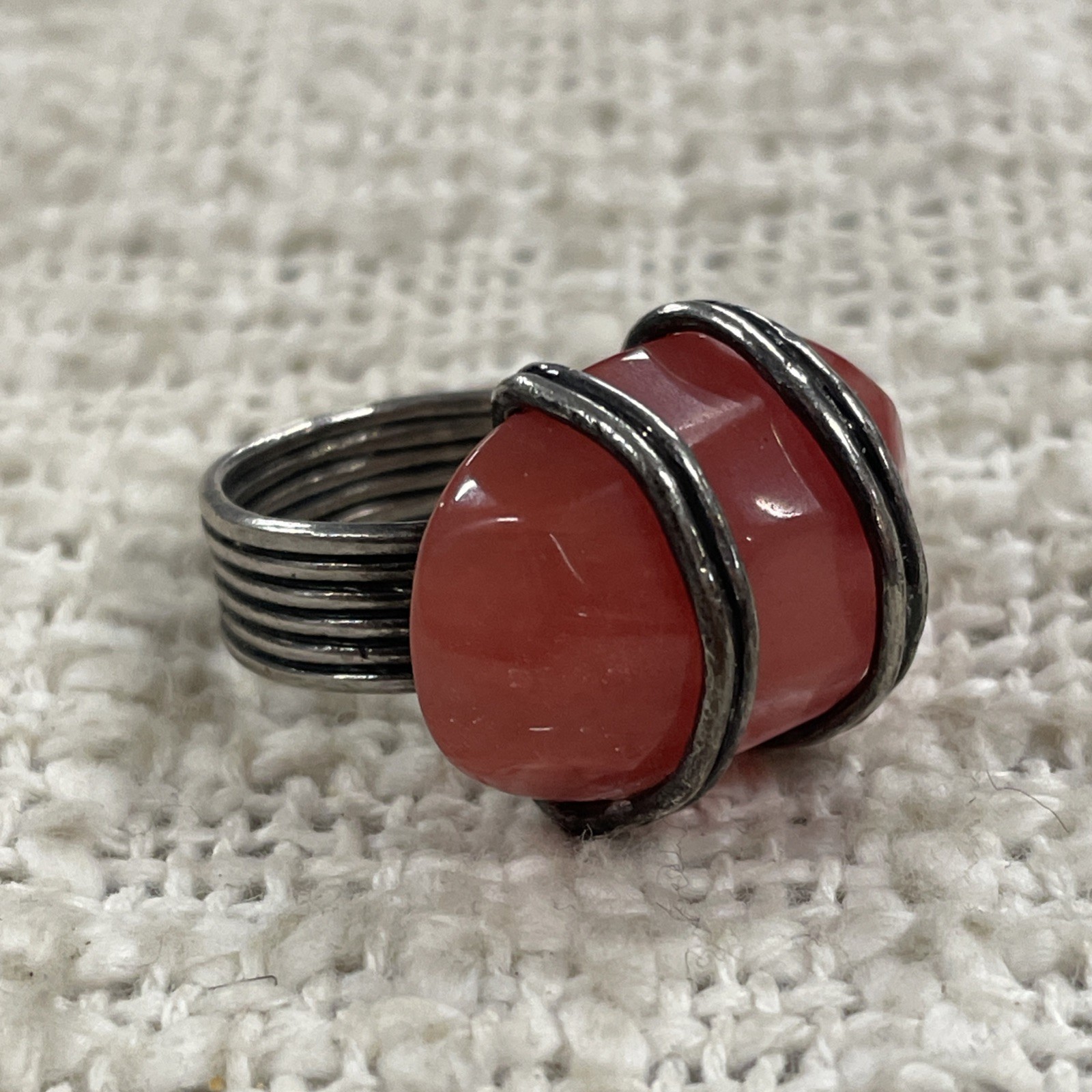 Silver Toned Cherry Quartz Wire Wrap Ring Size 7