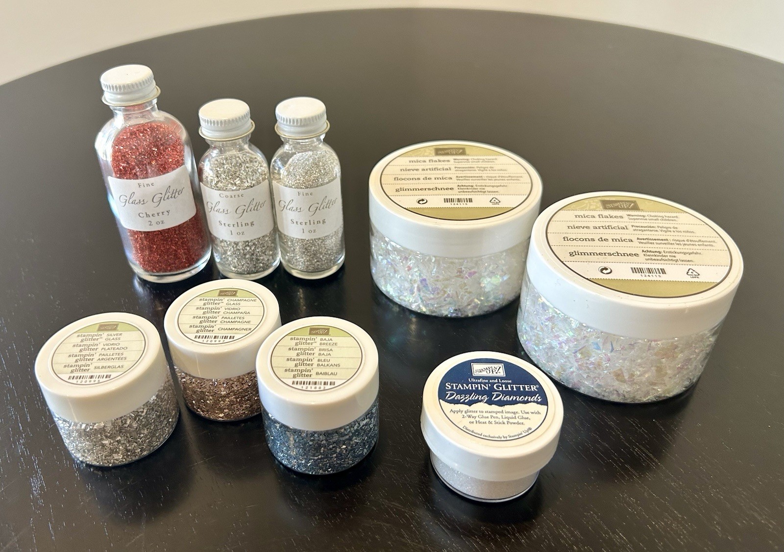 Embellishment Lot Of 9 - 6 Glass Glitter, 2 SU! Mica Flakes, SU! Diamond Dust