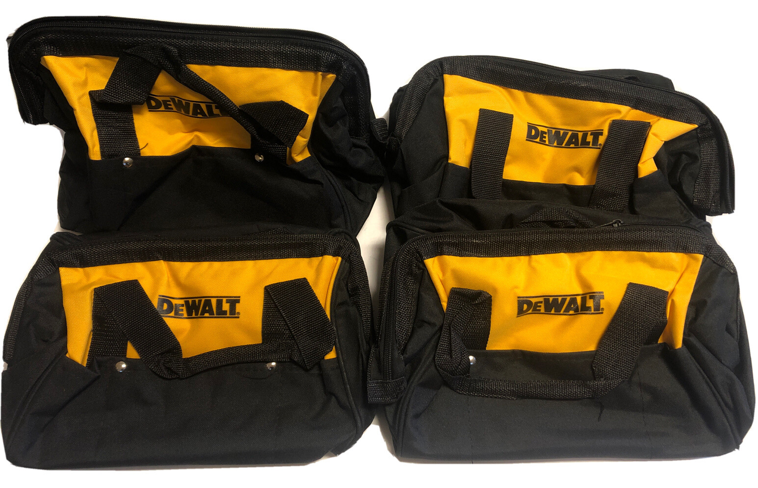 (4) NEW DEWALT 13" X 10" X 9" Heavy Duty Medium Tool Bags w/ 6 Pockets + Skids