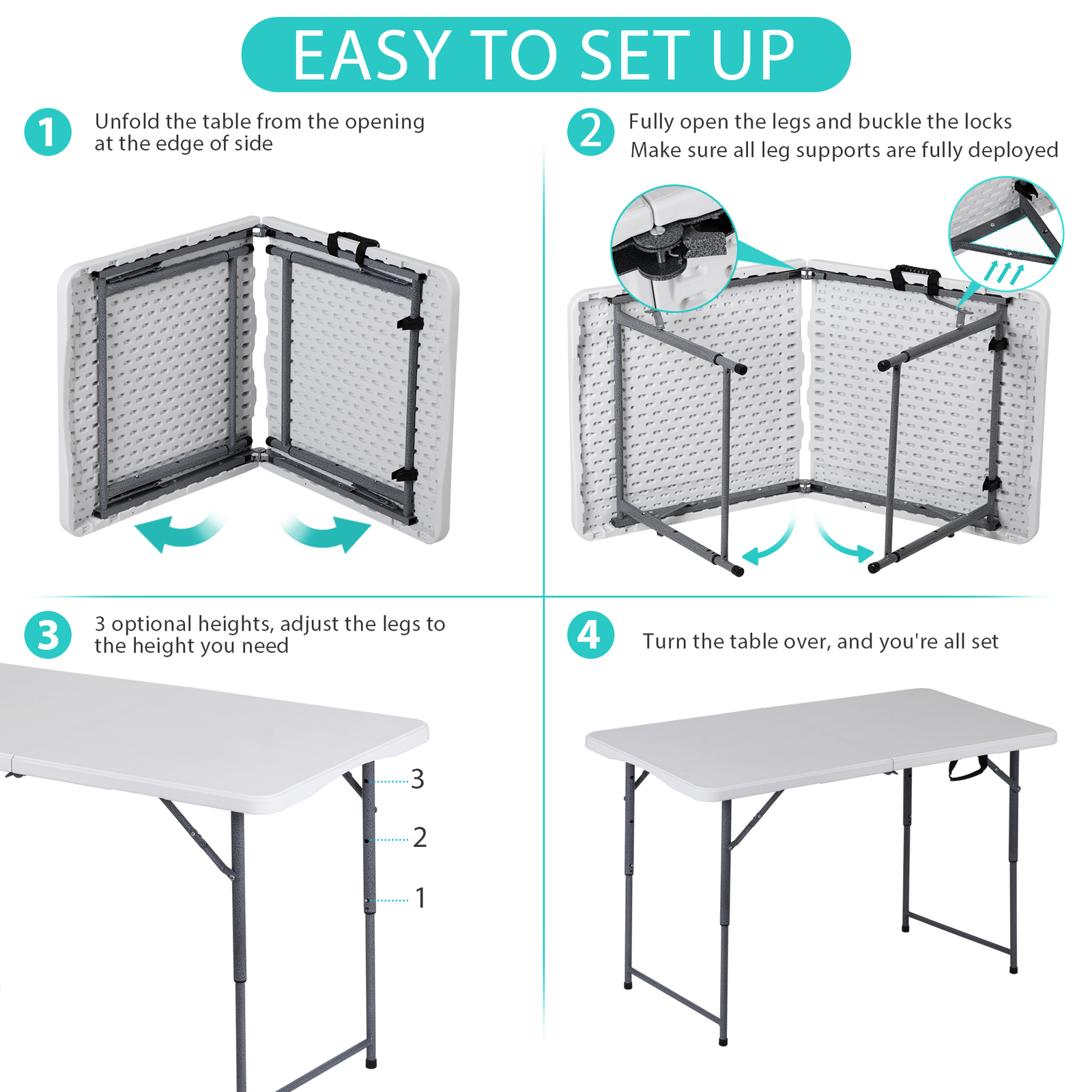 Folding Table 4 FT Portable Fold-in-Half Adjustable Plastic Camping Table White