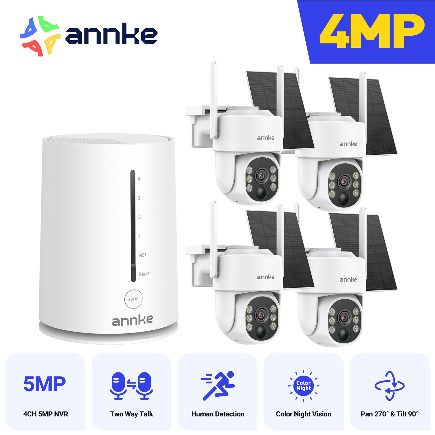 ANNKE 4MP PT Wireless Security IP Camera System Solar Battery Two Way Talk Color
