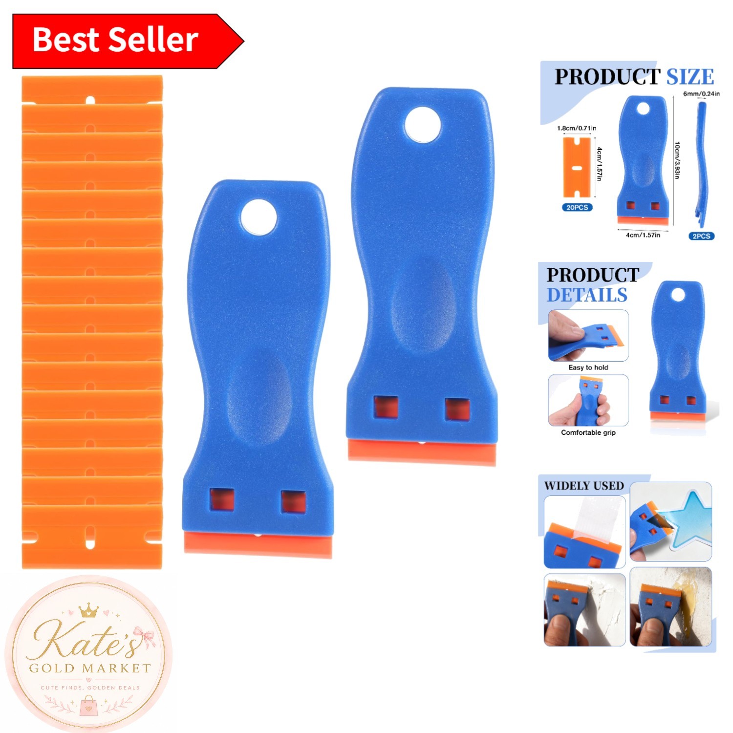 Ergonomic Plastic Scrapers for Decal Removal - 2 Pack with Replacement Blades