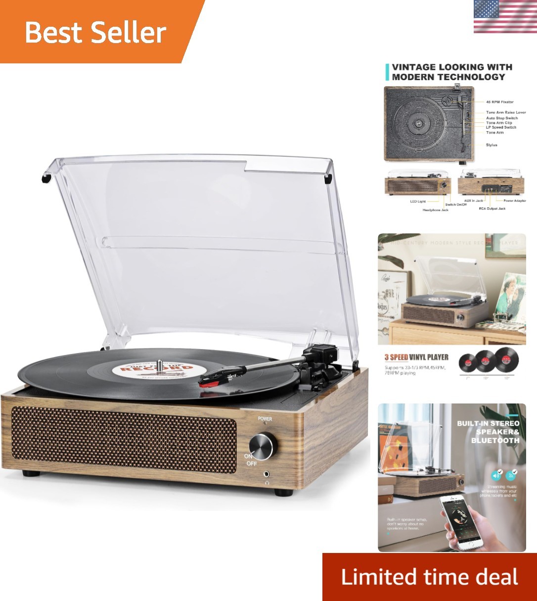 All-in-One Vintage Turntable with Belt-Driven System and Bluetooth Connectivity