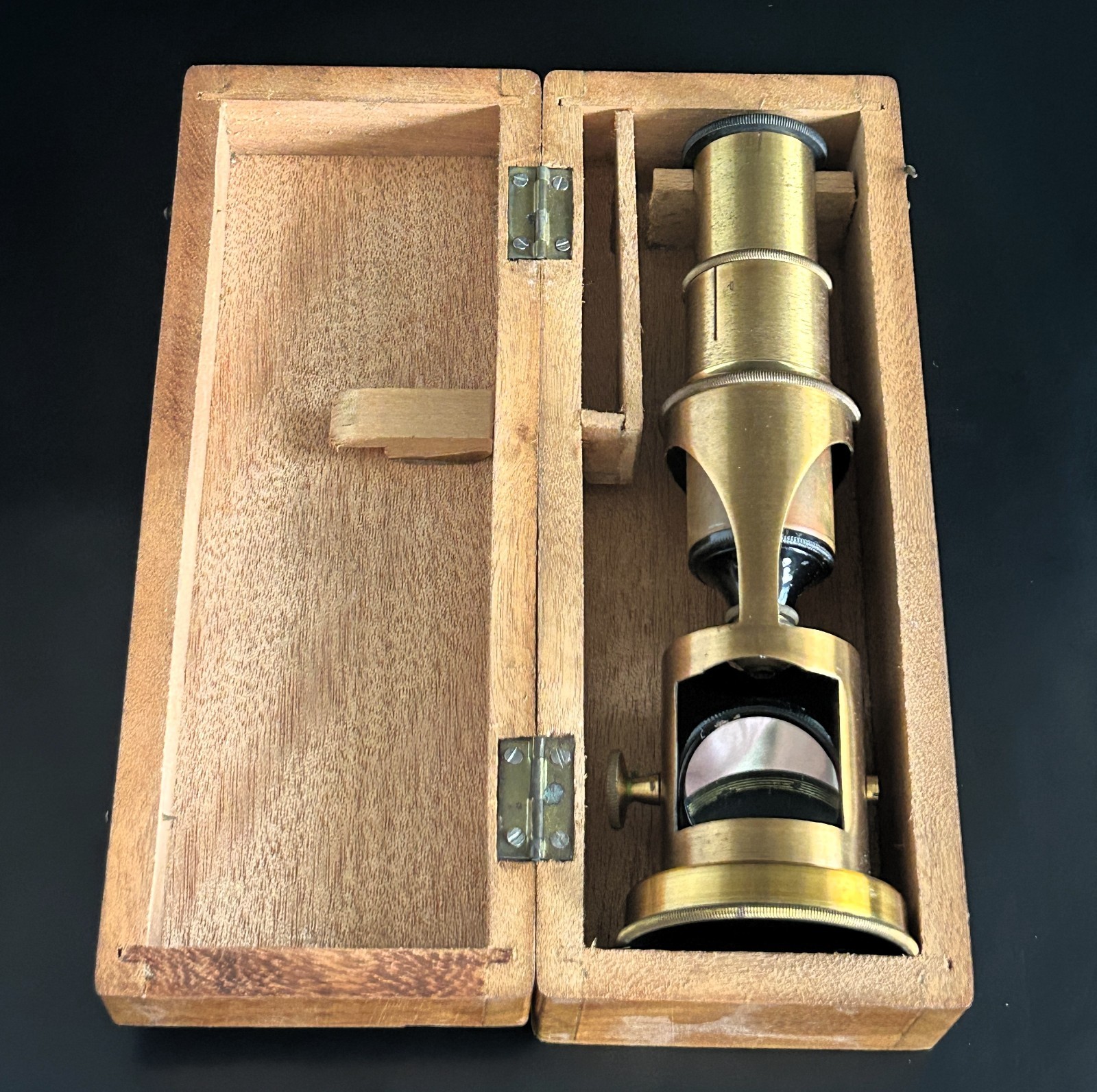 Antique 19th-Century Brass Drum Microscope Pocket Field Microscope France w/Box