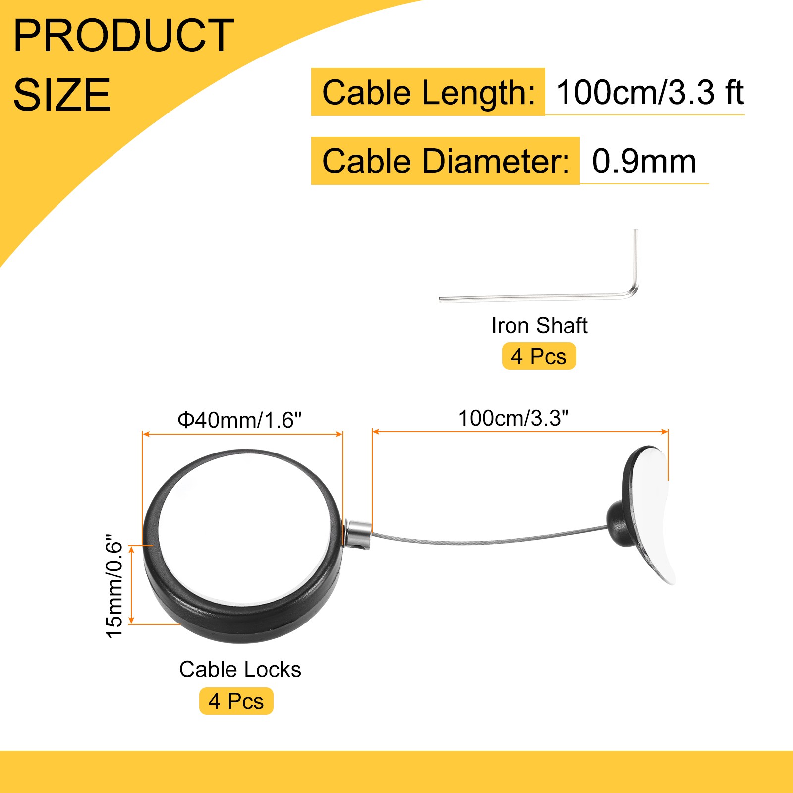 3.3ft Retractable Cable Security Lock with Arc Patch Wrench 150 g Black,4 Pack