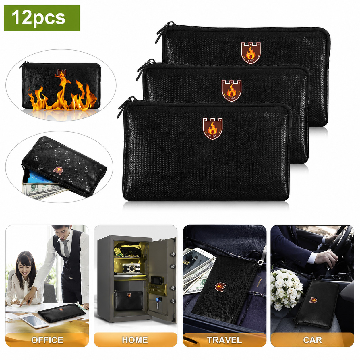 1/2/3 PCS Fireproof Money Bag Waterproof Cash Pouch Safe Document Storage 1292℉