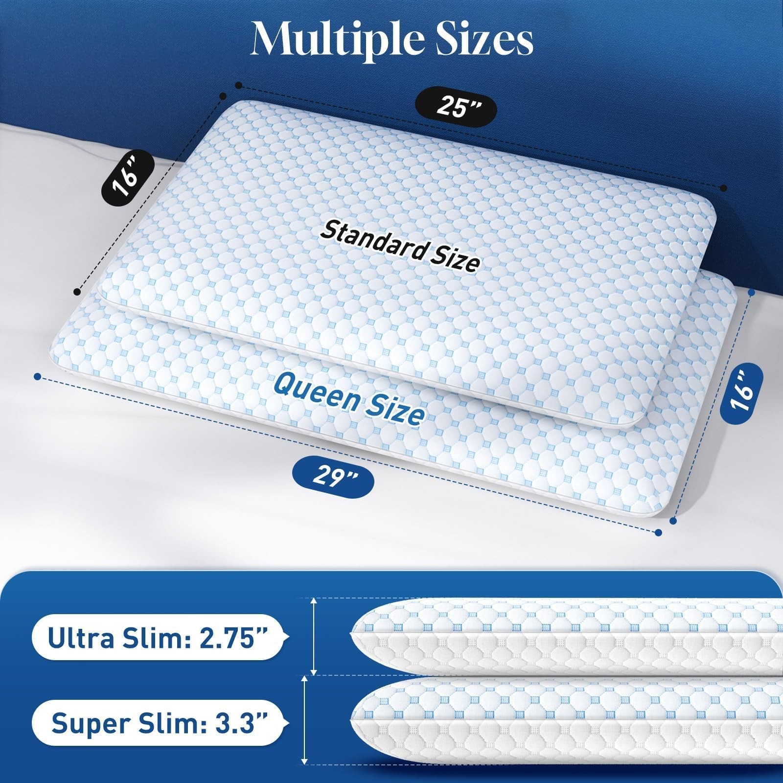 CloudBliss Thin Memory Foam Pillows, Reversible Design, 2.75", Queen