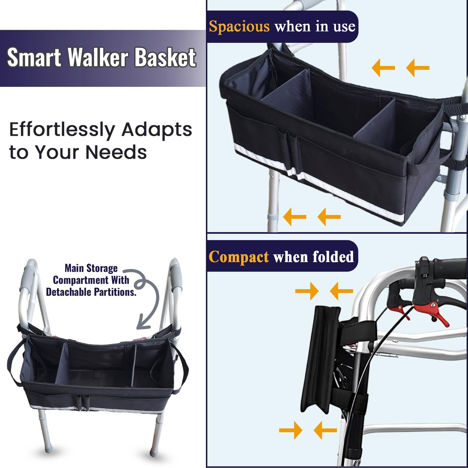 Aliseniors Walker Basket Accessories for Folding Big Capacity, Black