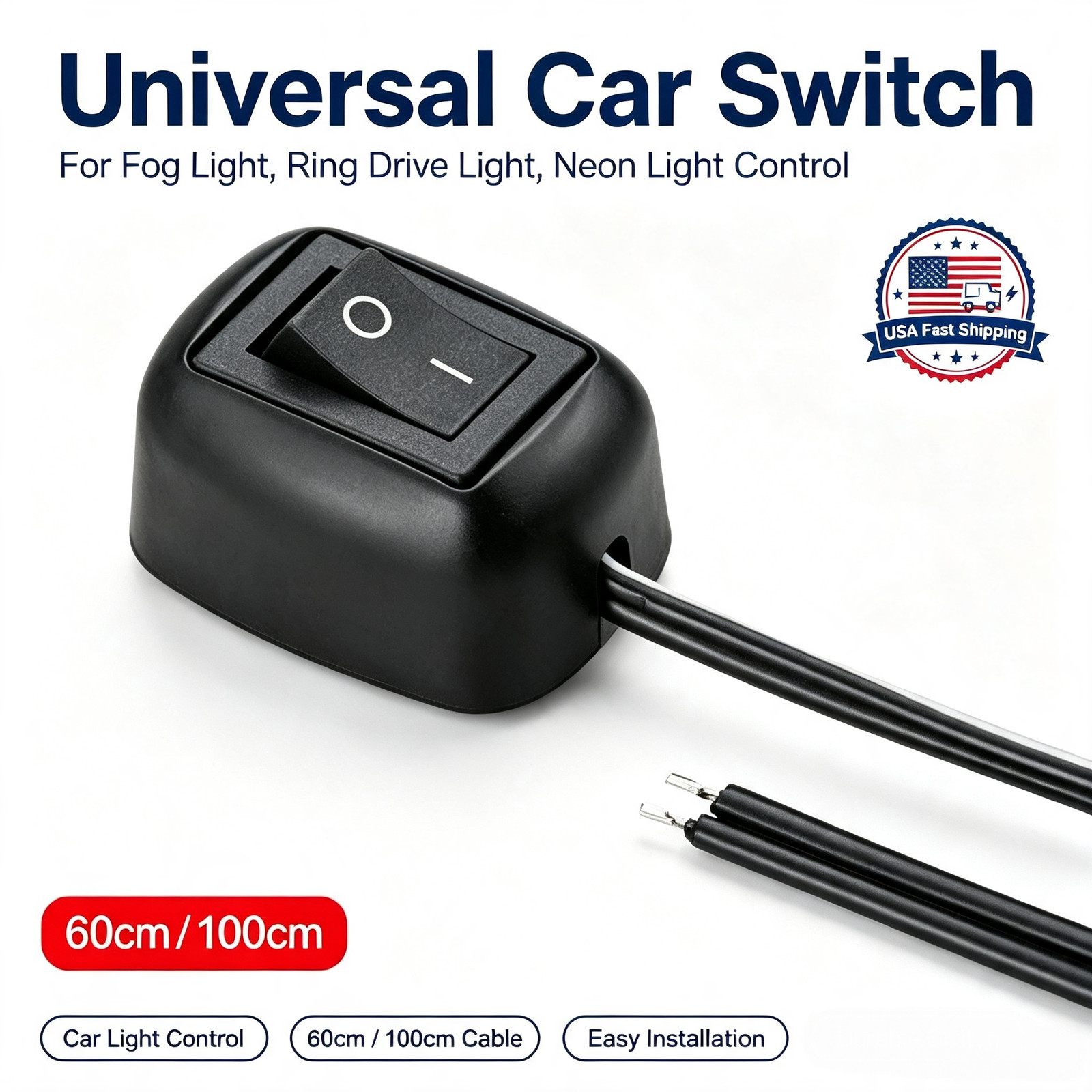 Self-adhesive 12V Vehicle Toggle Rocker Switch With 62CM/100CM Wiring Harness