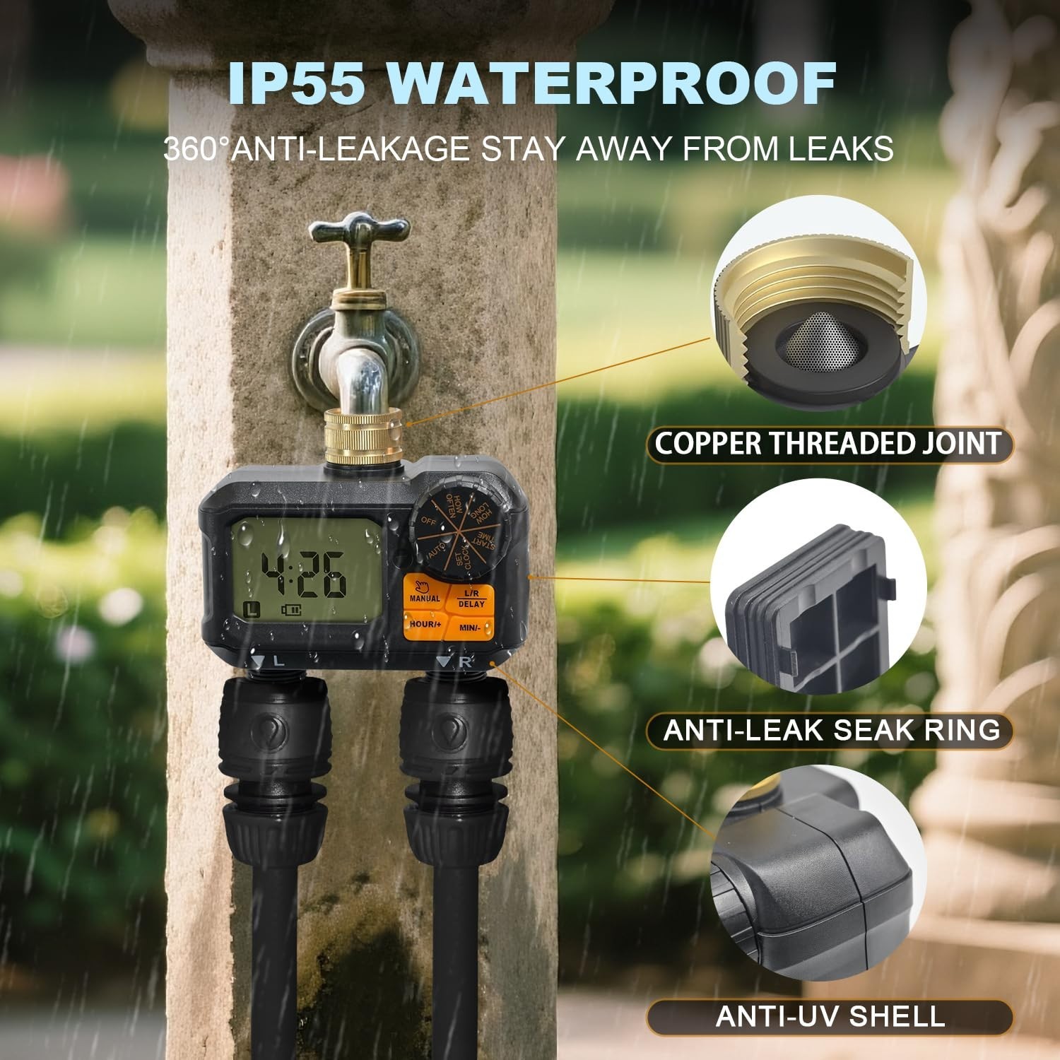 2 Zone Garden Hose Water Timer - Programmable Sprinkler with Rain Delay & Manual
