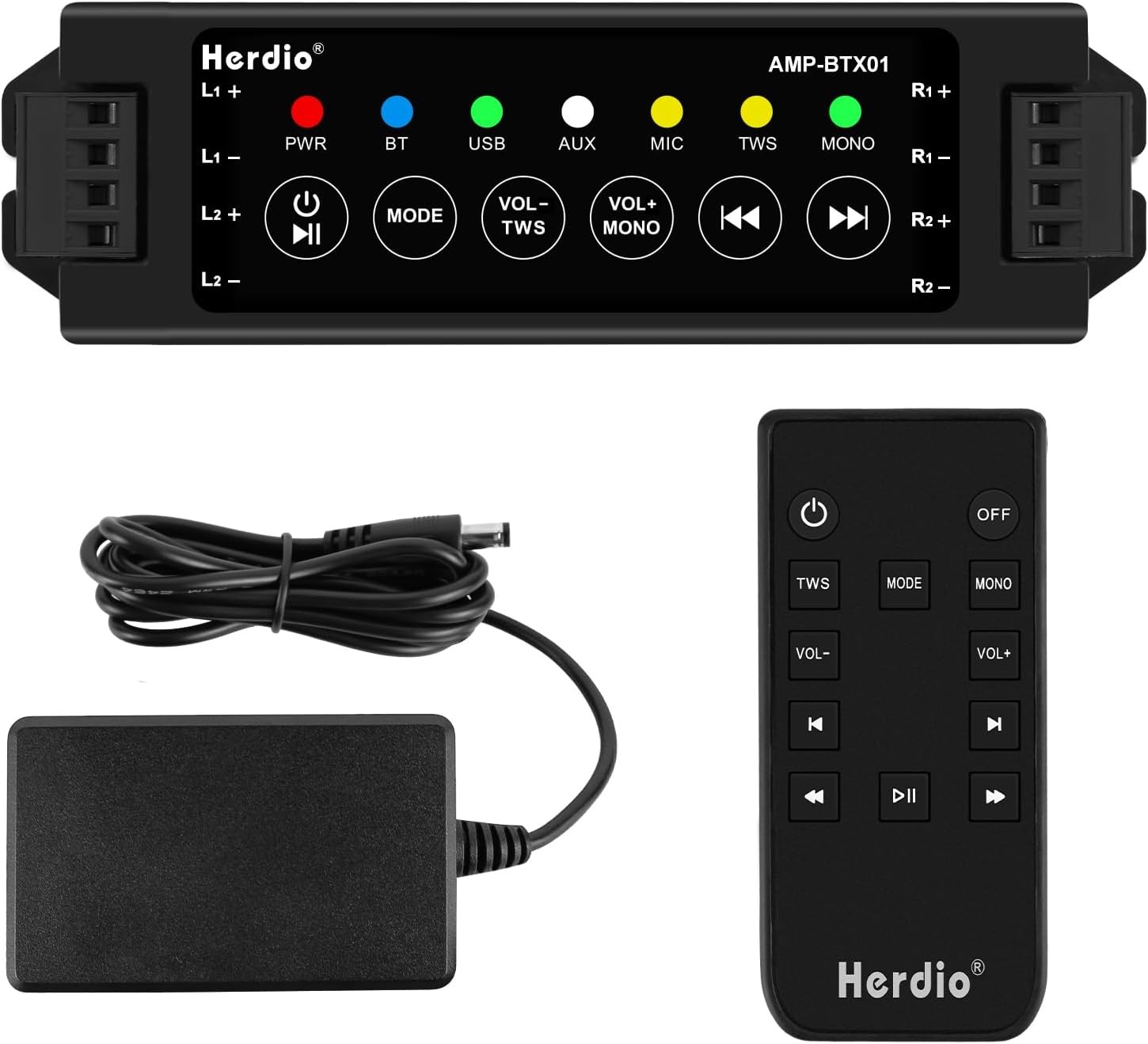Herdio 4 Channel Bluetooth Amplifier Receiver With Power Supply and IR Remote