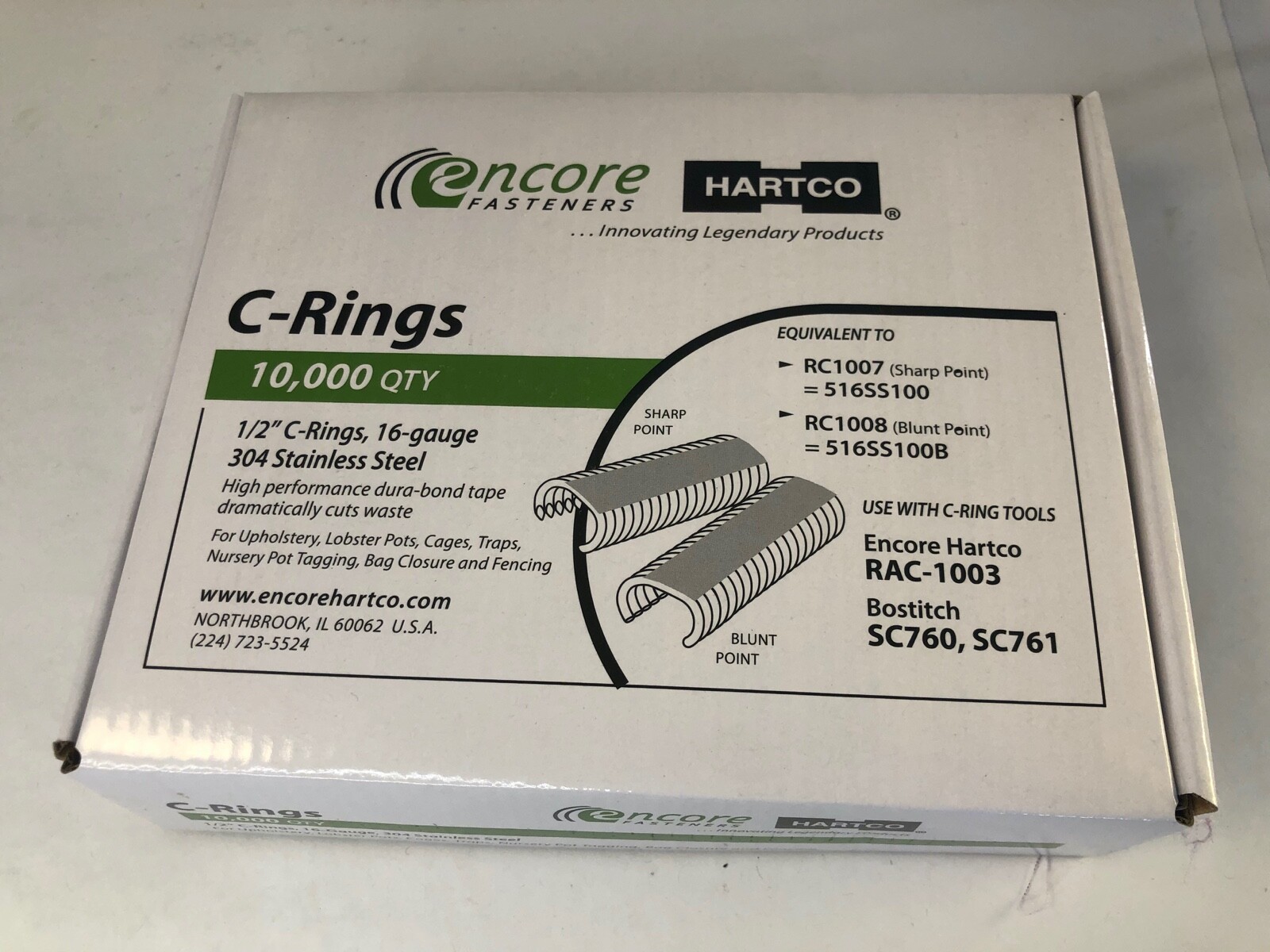 C-RINGS FASTENERS  1/2" 16ga STAINLESS COLLATED, SHARP/BLUNT 516SS100, 516SS100B
