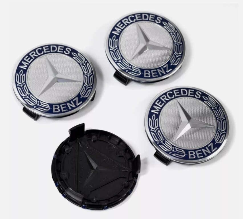 4PCS Mercede s Benz Navy & Chrome 75MM Wheel Rim Cover HubCaps Emblem Badge